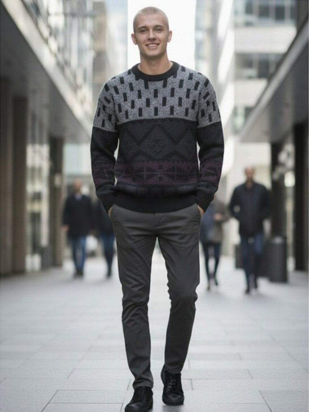 Vintage Michael Gerald Men's Crewneck Sweater in Black, Gray, and Deep Blue